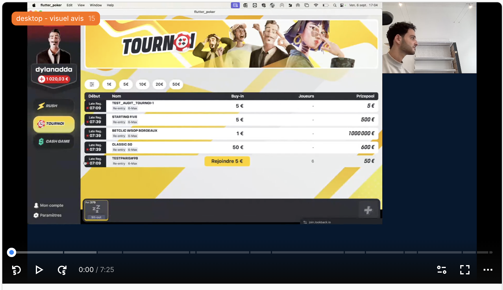 Session Lookback - manque infos tournoi